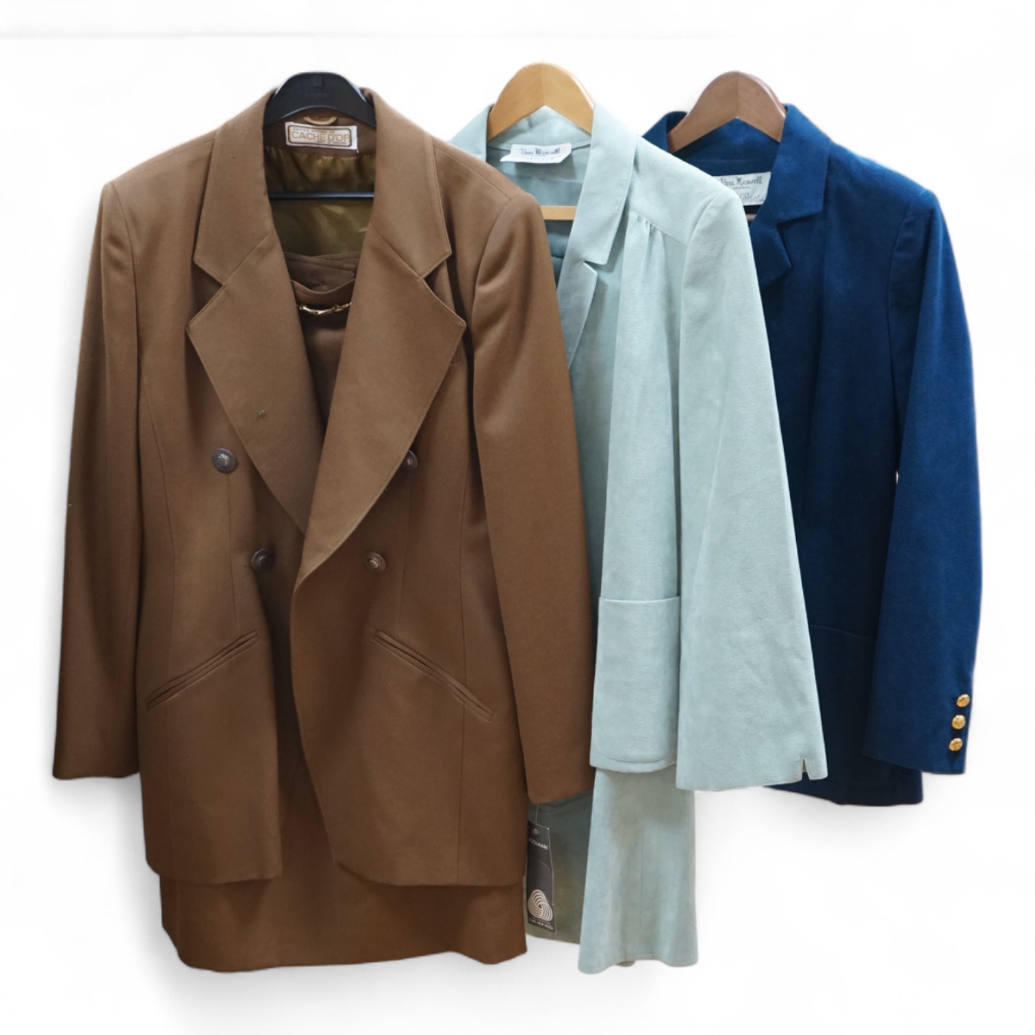 A Vera Maxwell navy blue suede jacket, a Vera Maxwell pistachio green jacket & skirt suit and a Cache d'Or jacket & skirt suit